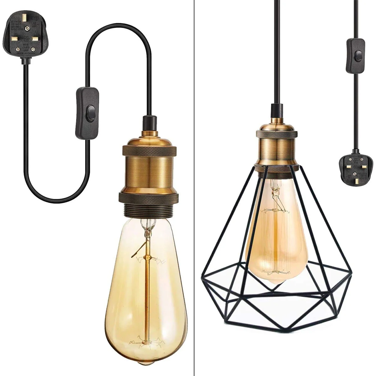 Modern plug in pendant light with white shade and 4m adjustable cord hanging against a plain background