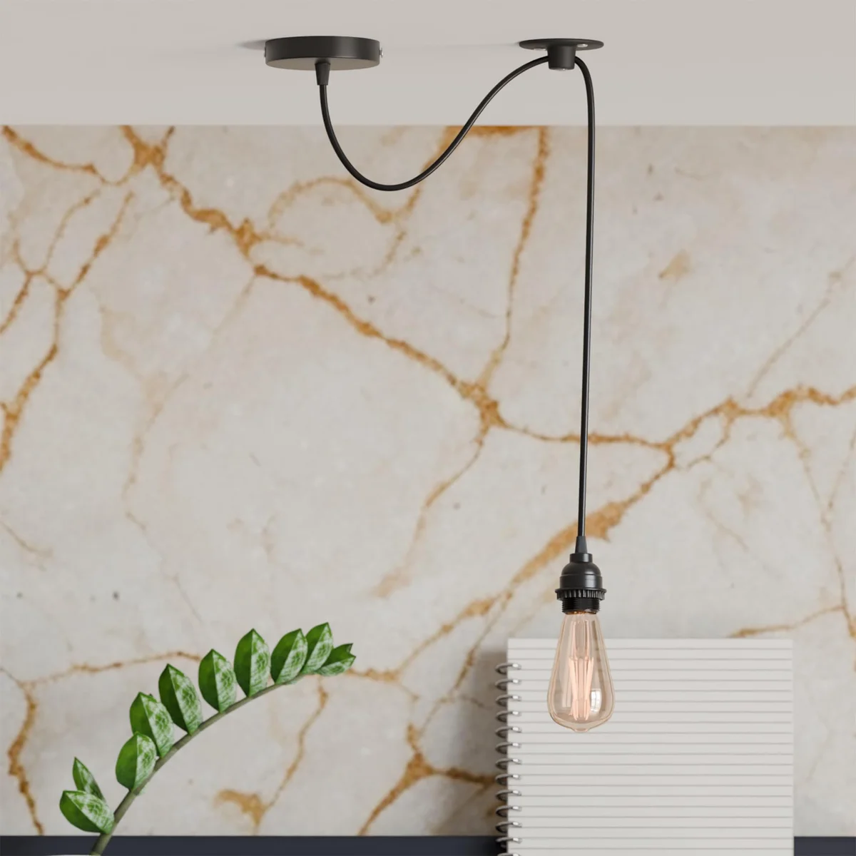 Vintage style industrial pendant light with metal holder and 2m adjustable PVC cable, E27 bulb socket, ceiling mounted