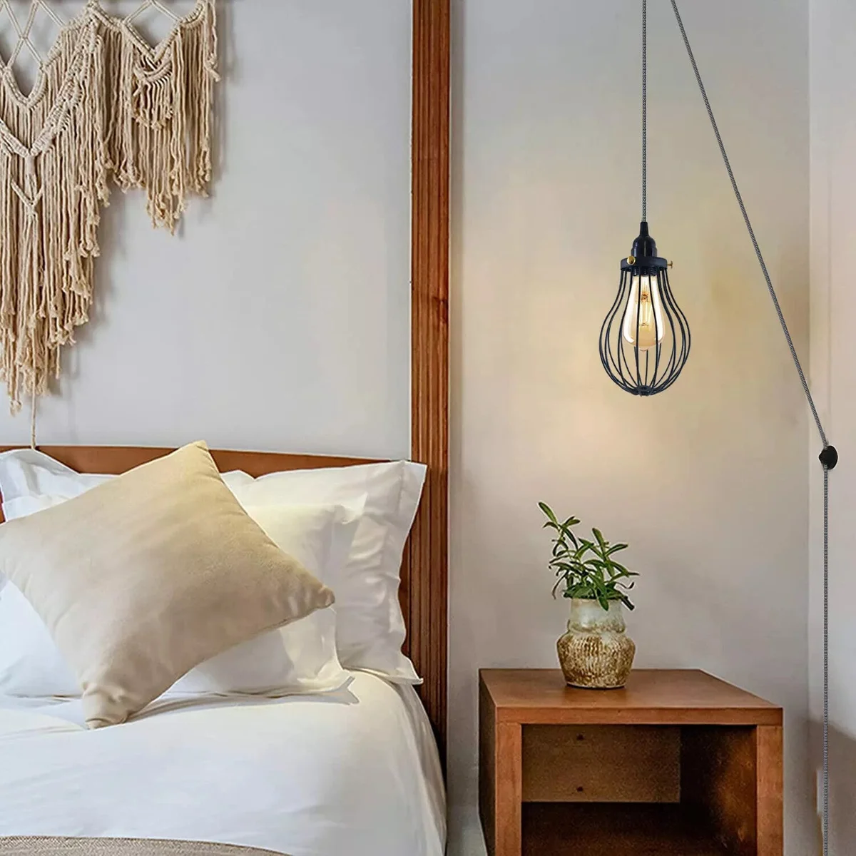 E27 dimmer pendant light with metal wire cage, 2m black fabric flex cable, and UK 3-pin plug for indoor use