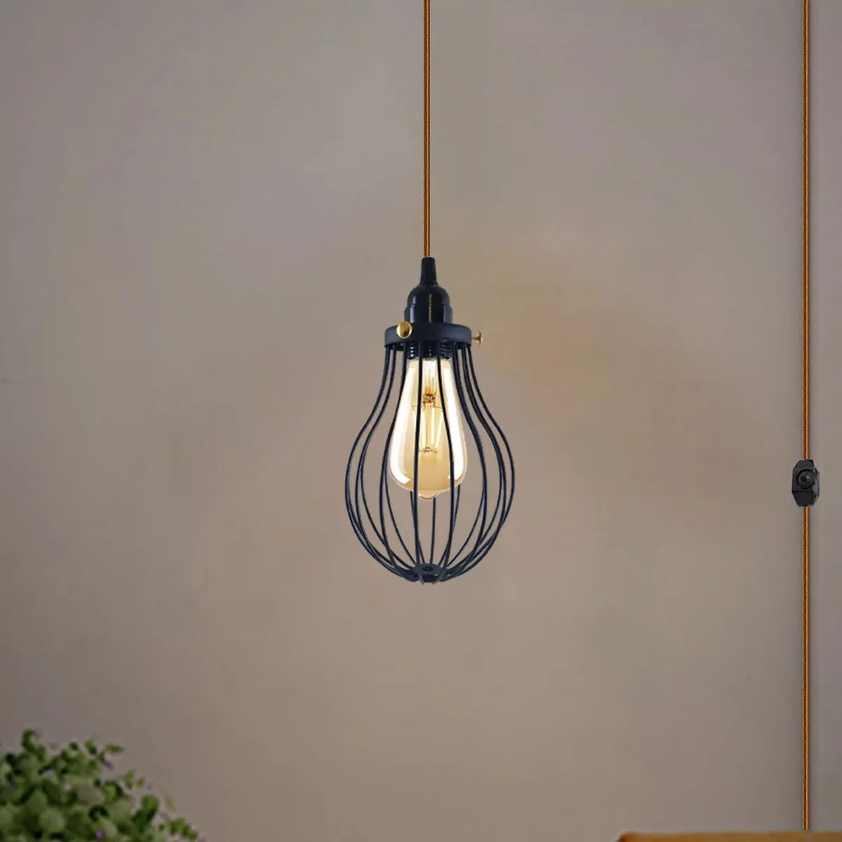 Metal wire cage pendant with E27 dimmer switch and 2m fabric flex cable with UK plug for indoor lighting