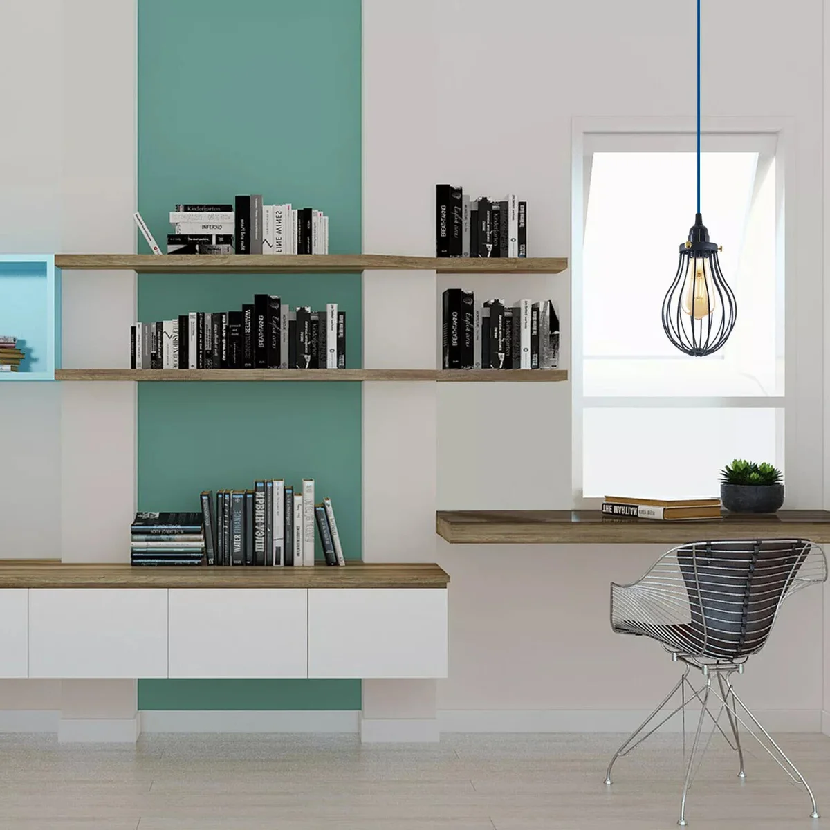 Indoor dimmer lamp with 2m fabric flex cable, metal wire cage, and UK 3-pin plug for pendant lighting fixtures