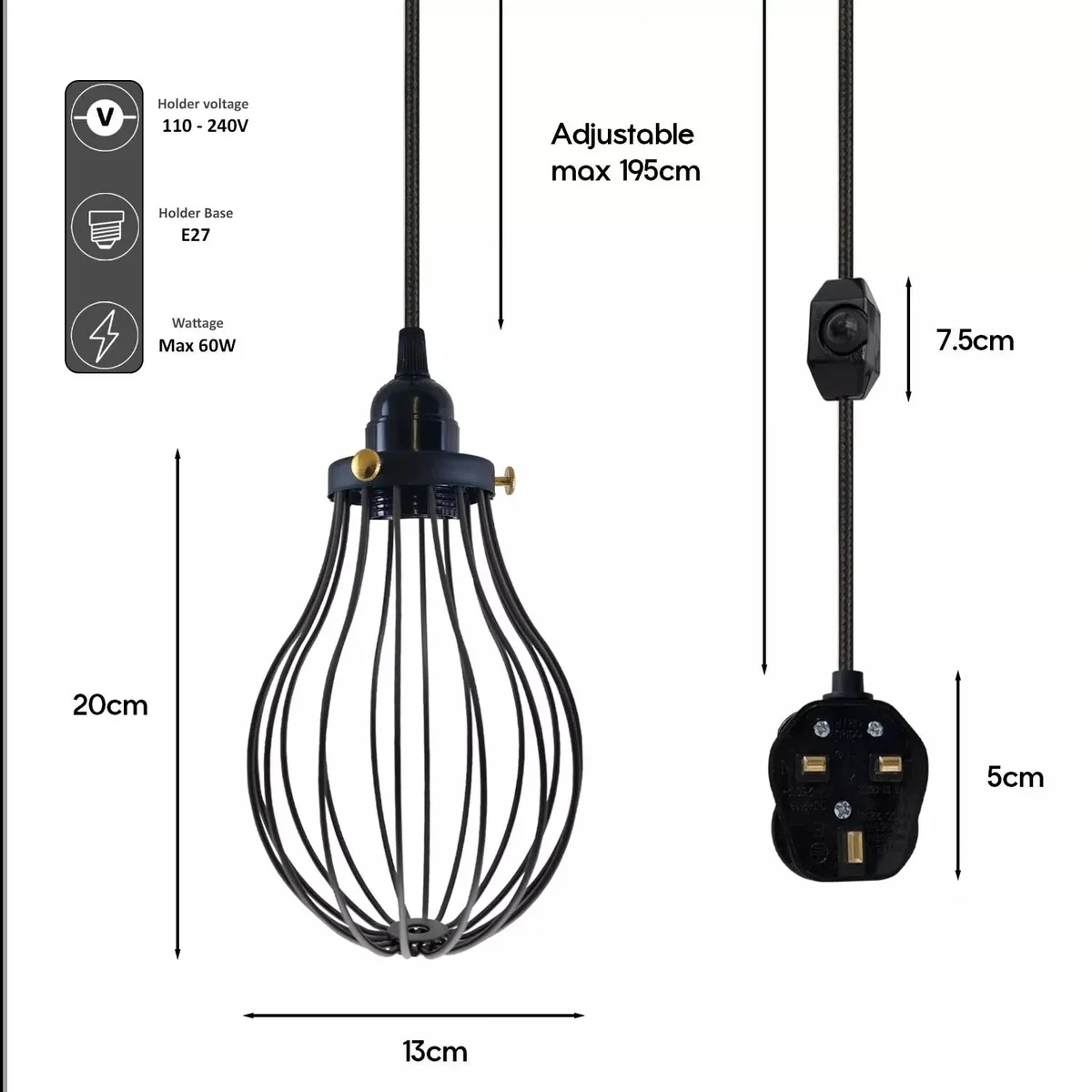 E27 dimmer pendant light with metal wire cage and 2m black fabric flex cable with UK plug for indoor use