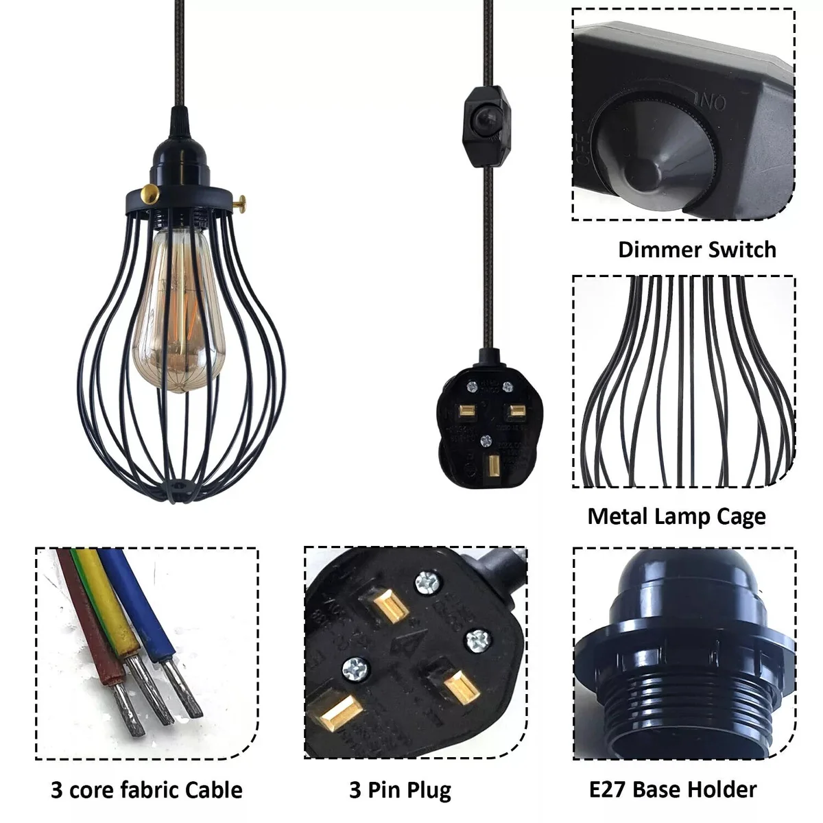 E27 dimmer pendant light with metal wire cage and 2m adjustable fabric flex cable with UK plug