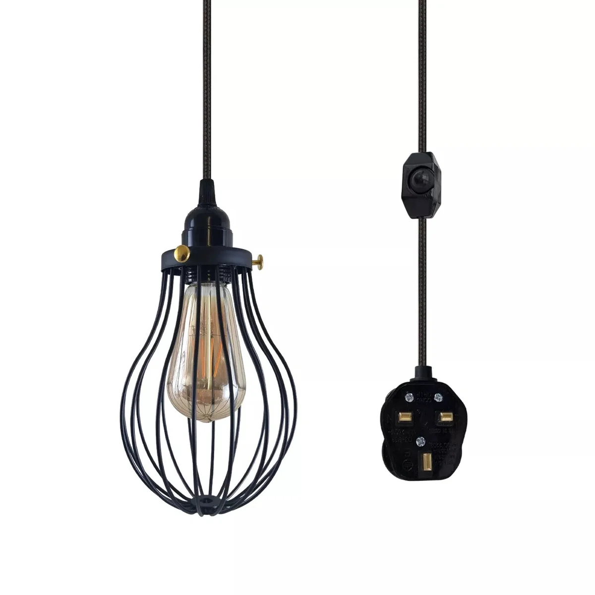 E27 dimmer pendant light with metal wire cage and 2m adjustable fabric flex cable with UK plug
