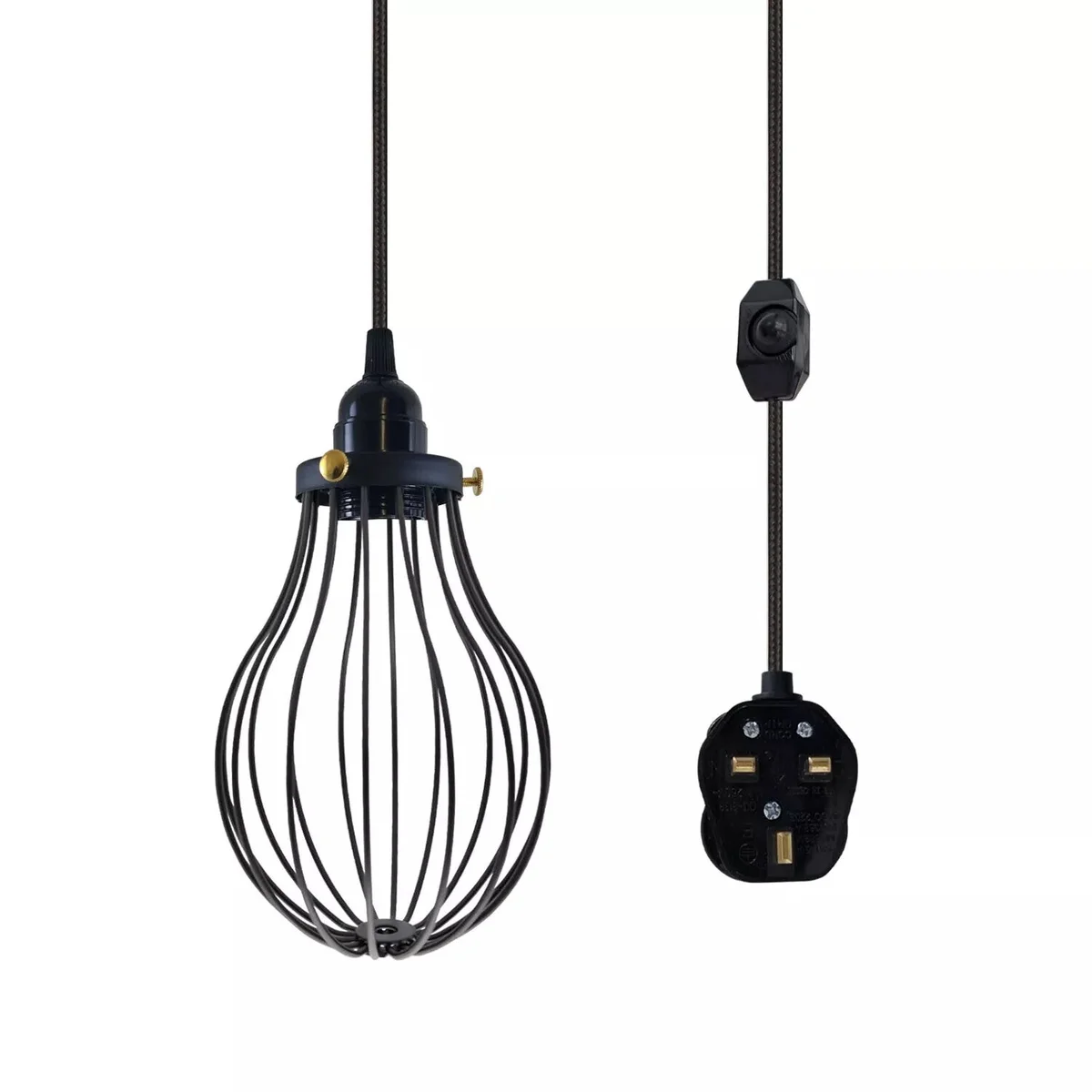 E27 dimmer pendant light with metal wire cage and 2m black fabric flex cable with UK plug for indoor use
