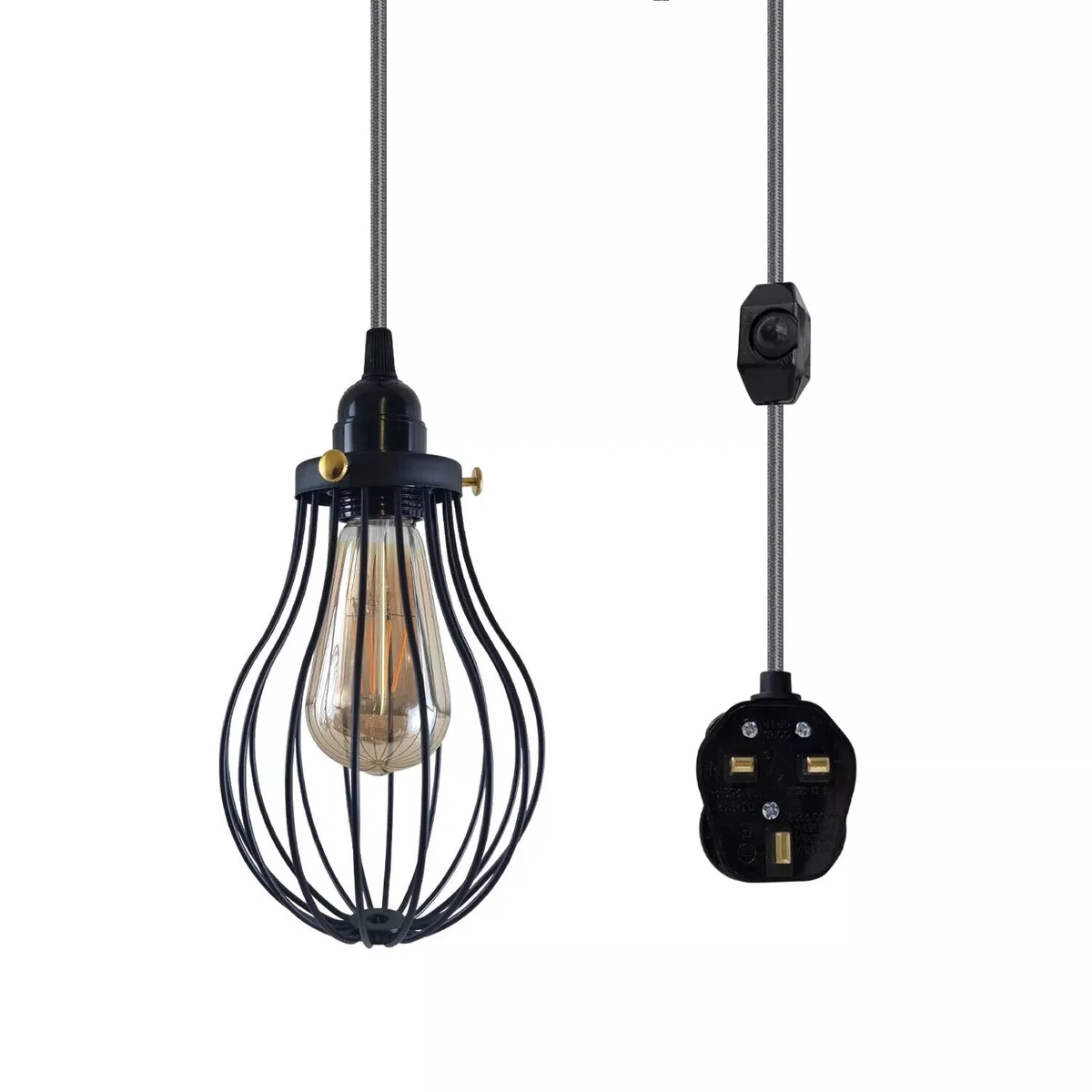 E27 dimmer pendant light with metal wire cage and 2m black fabric flex cable with UK plug for indoor use