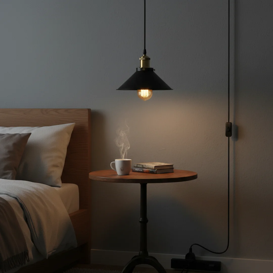Black and gold metal plug in pendant light with a sleek shade and 4m adjustable cord hanging against white background