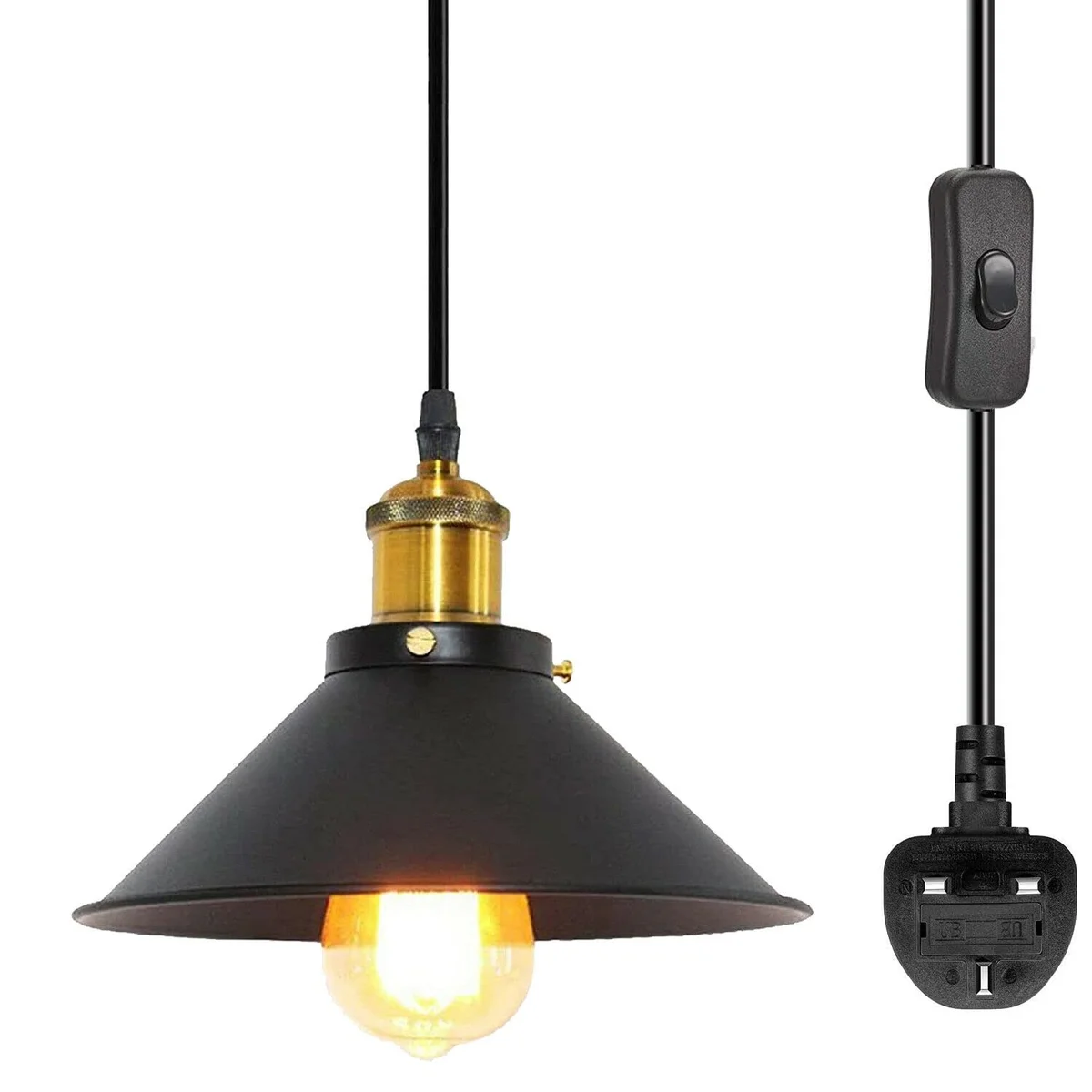 Black and gold metal plug in pendant light with adjustable 4m cord hanging in a modern home setting