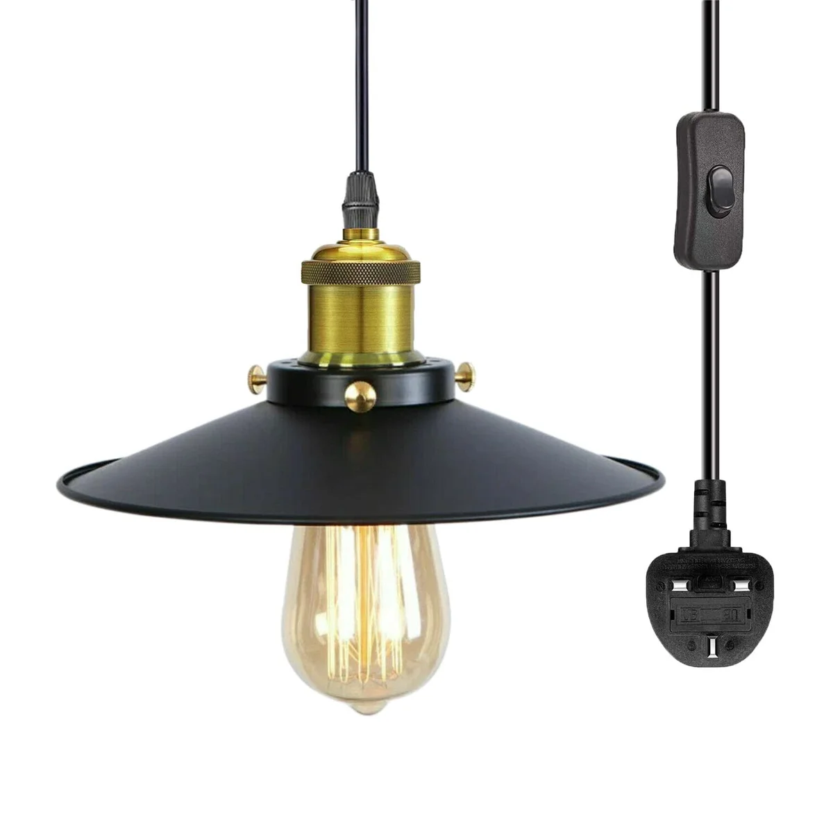 Black and gold metal plug in pendant light with adjustable 4m cord hanging over a dining table in a modern room
