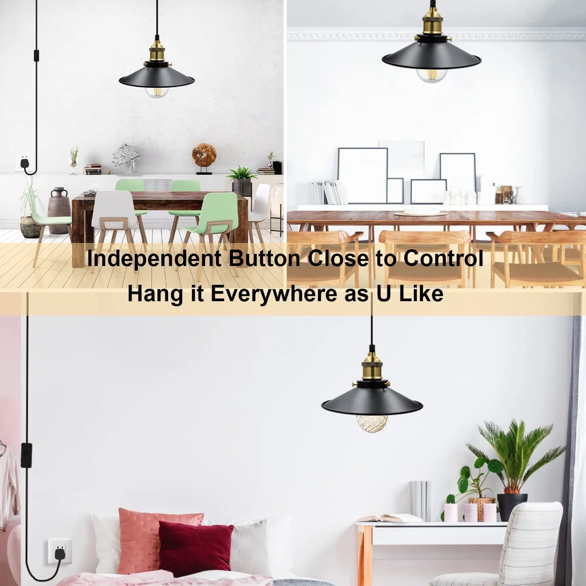 Black and gold metal plug in pendant light with adjustable 4m cord hanging in modern dining room setting