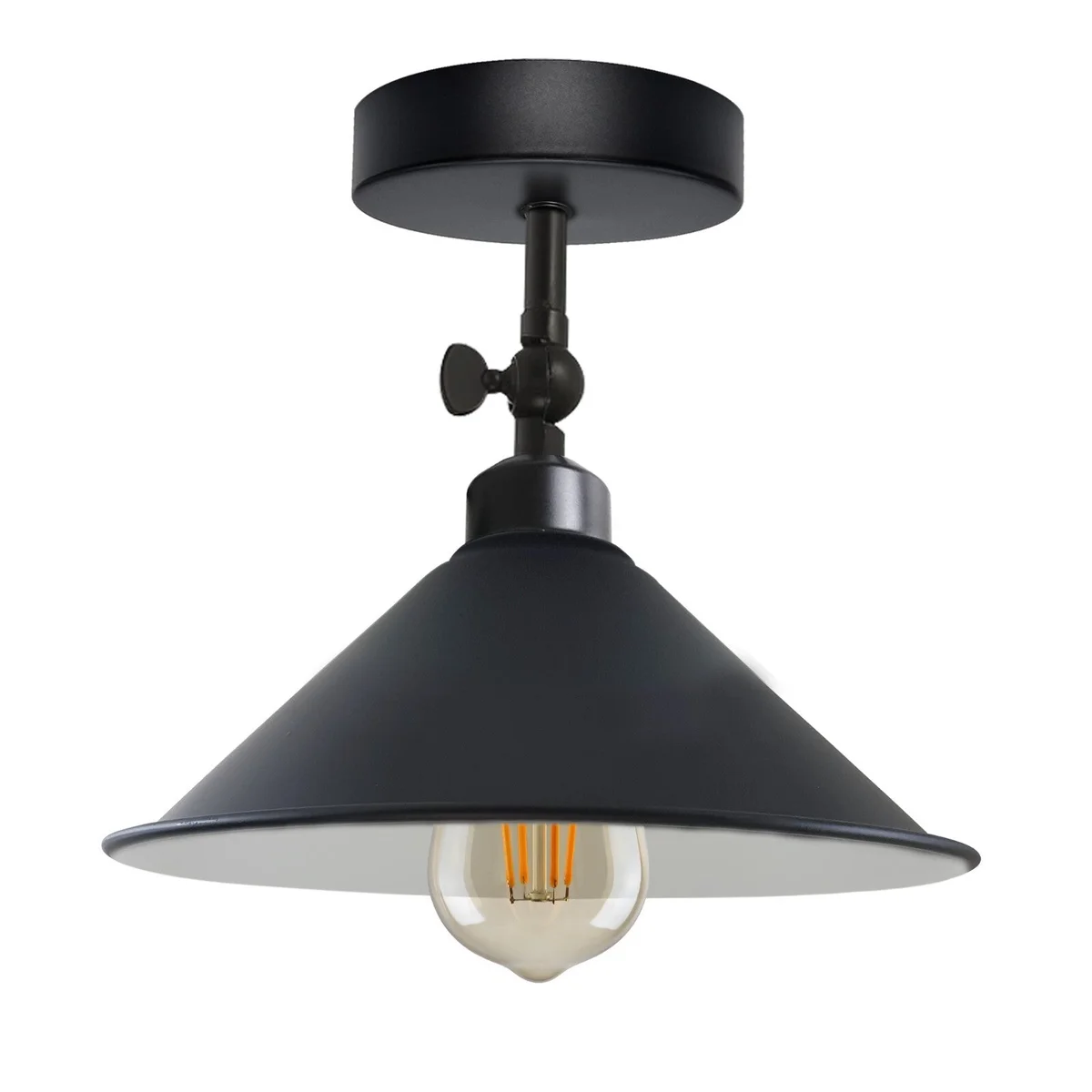 Vintage industrial metal semi flush mount light with adjustable angle and E27 bulb base on white ceiling background