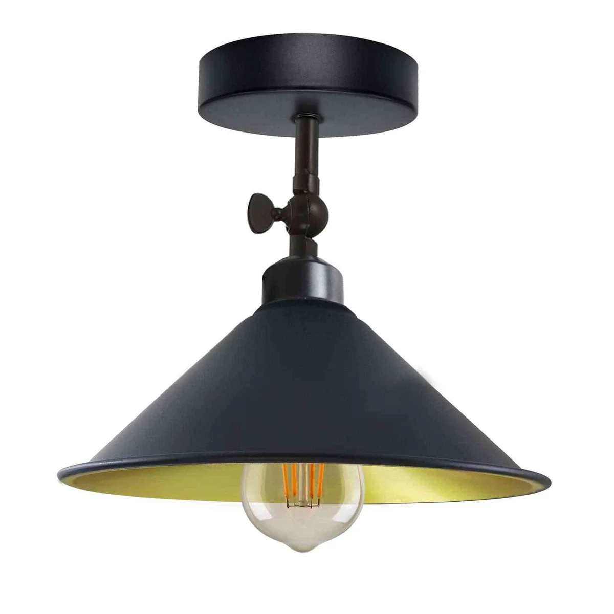 Vintage industrial metal flush mount ceiling light with adjustable angle and E27 bulb base shown installed on ceiling