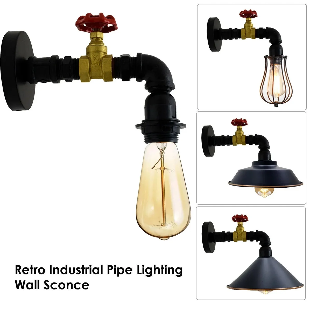 Vintage industrial wall sconce in black and gold metal with cage design, suitable for E27 bulbs, rustic style wall lamp