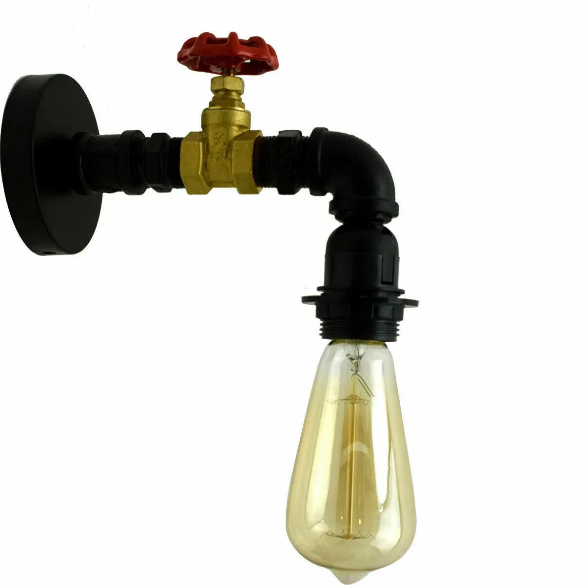 Vintage industrial black gold wall lamp with metal cage and exposed bulb, mounted on a white wall background