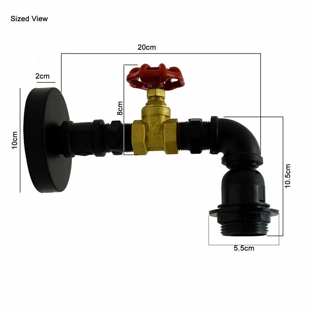 Rustic black and gold metal pipe wall light with cage design mounted on a white wall, suitable for various indoor spaces