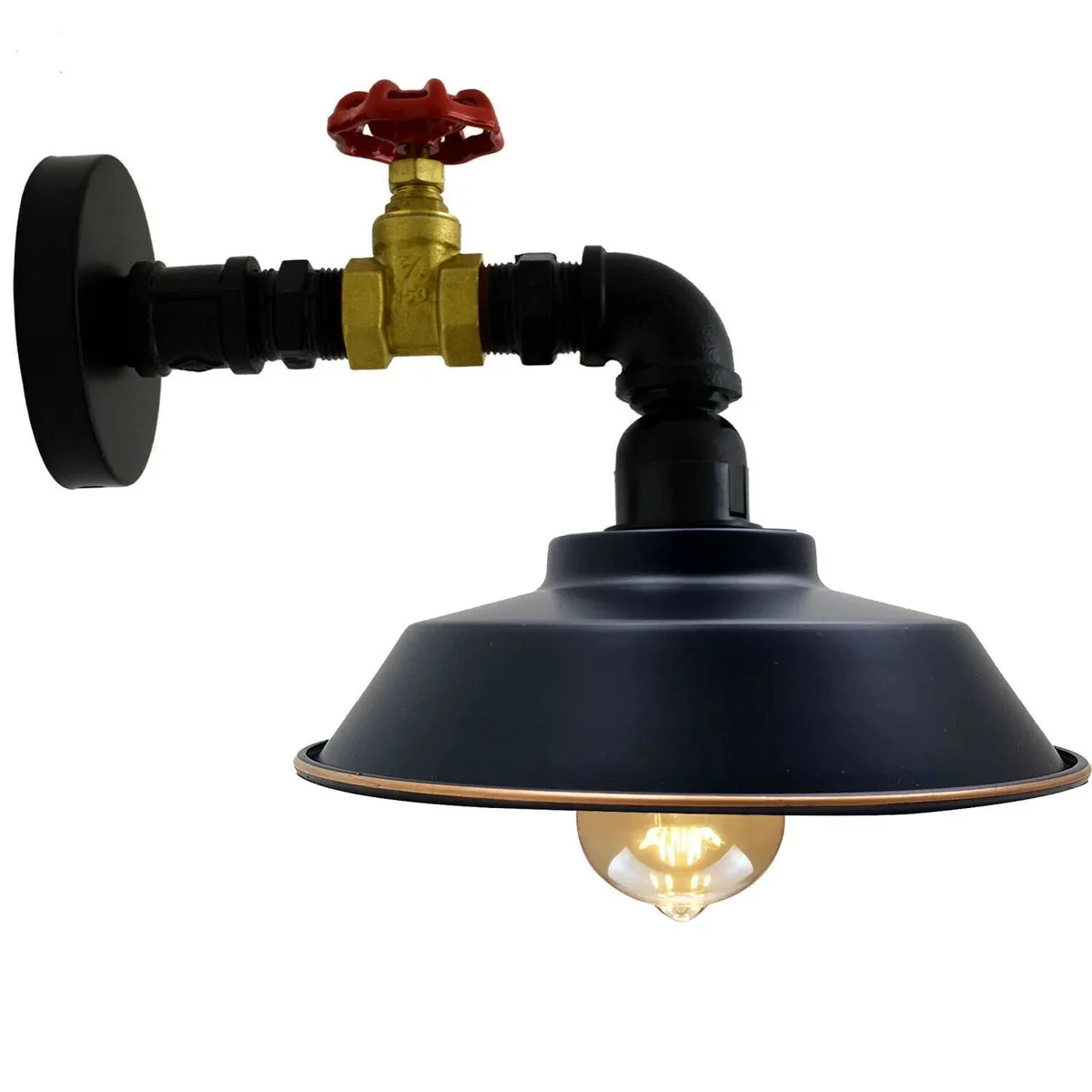 Vintage black and gold industrial wall sconce with metal cage and E27 bulb holder mounted on rustic wall