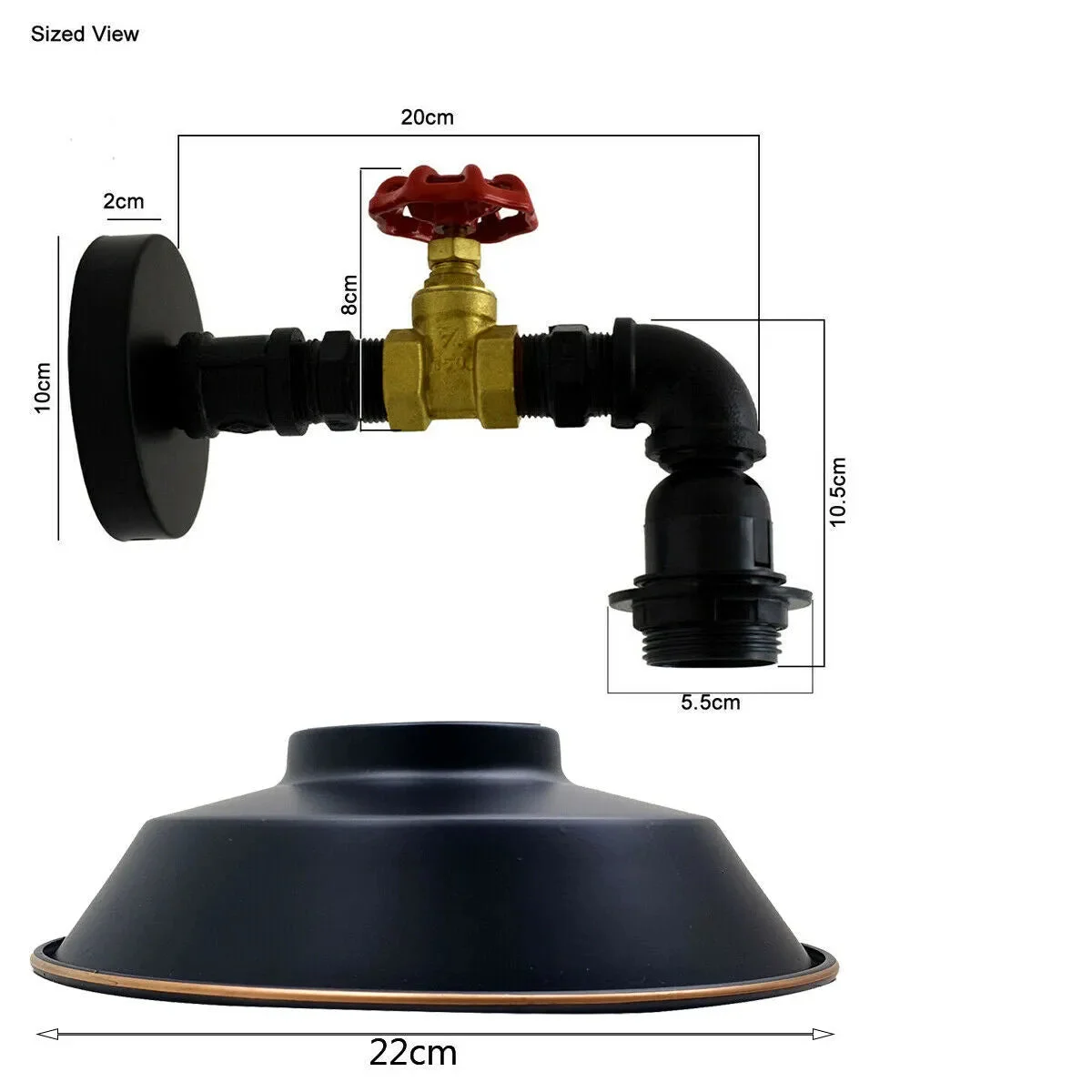 Vintage industrial wall sconce in black and gold metal with cage design mounted on wall, E27 bulb holder visible