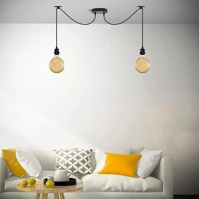 Black 2-arm industrial ceiling light with adjustable cables and metal shades hanging from ceiling rose