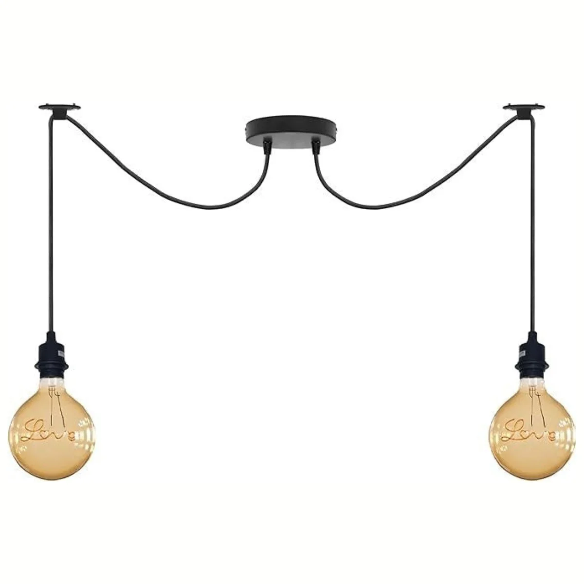 Black metal 2-arm spider chandelier pendant with adjustable cables and round LED bulb, ceiling mounted light fitting