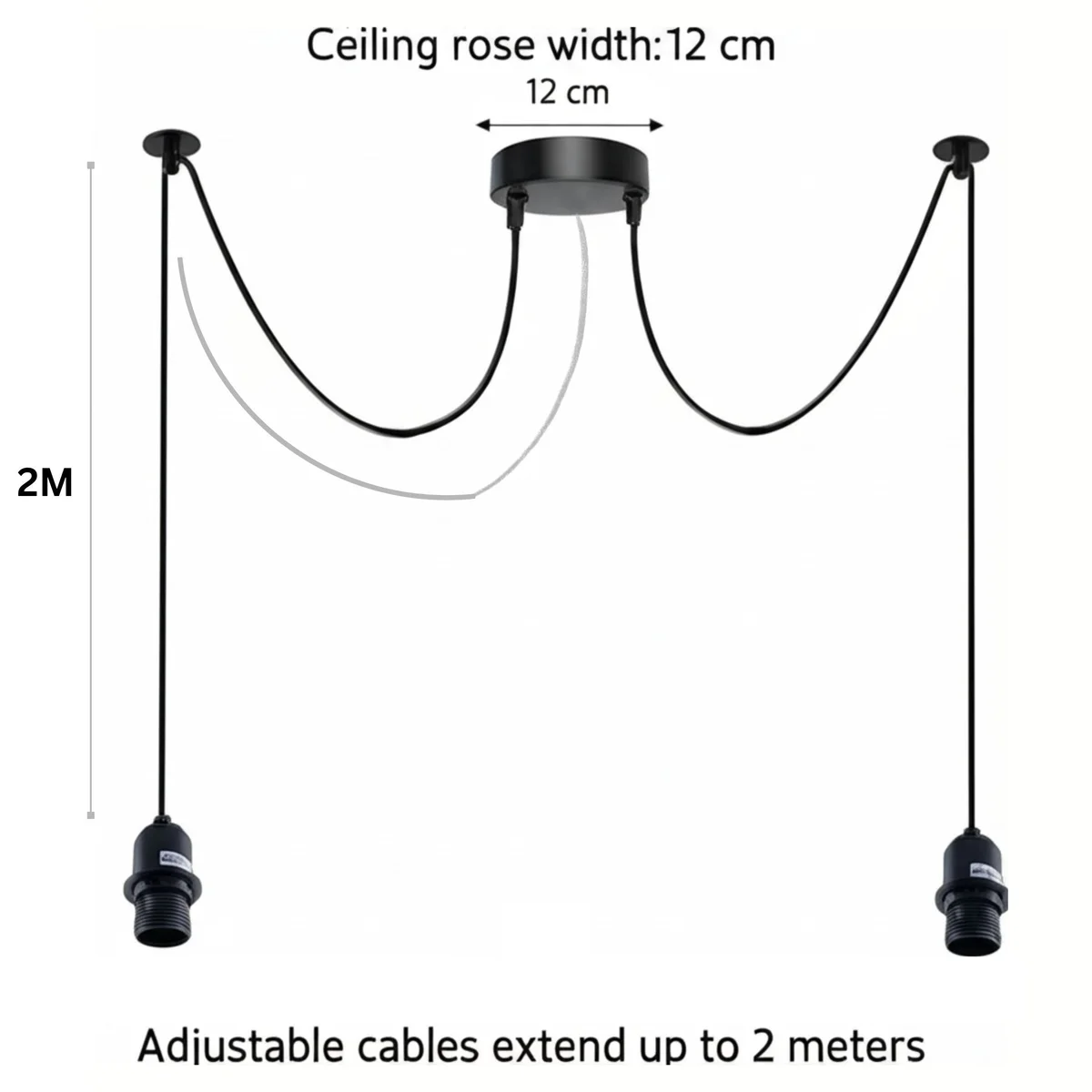 Black industrial 2-arm adjustable ceiling lamp with metal shades and fabric-covered wires hanging from ceiling rose