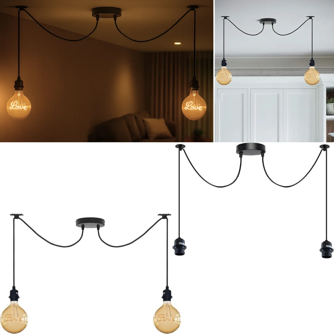 Modern ceiling chandelier with 2 adjustable black metal arms and fabric-covered cables, industrial vintage style hanging lamp