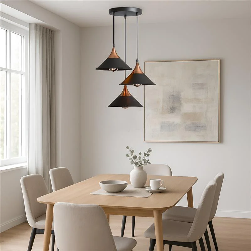 Black vintage-style 3 way pendant ceiling light with adjustable cluster metal lamp shades and E27 bulb holders