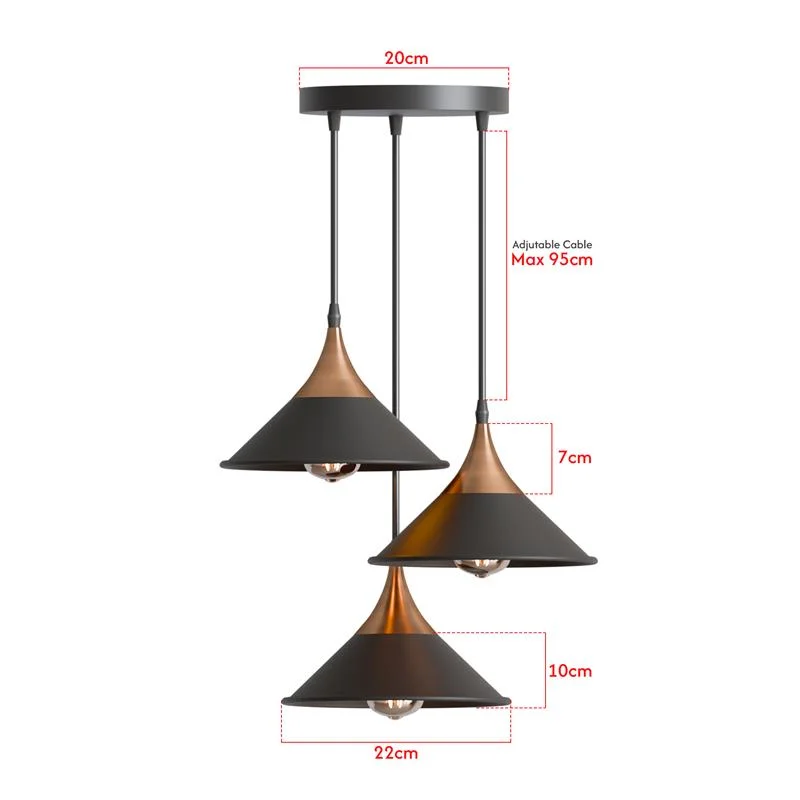 Black vintage industrial three-way pendant light with adjustable cluster lamp shade and metal construction hanging ceiling fixture