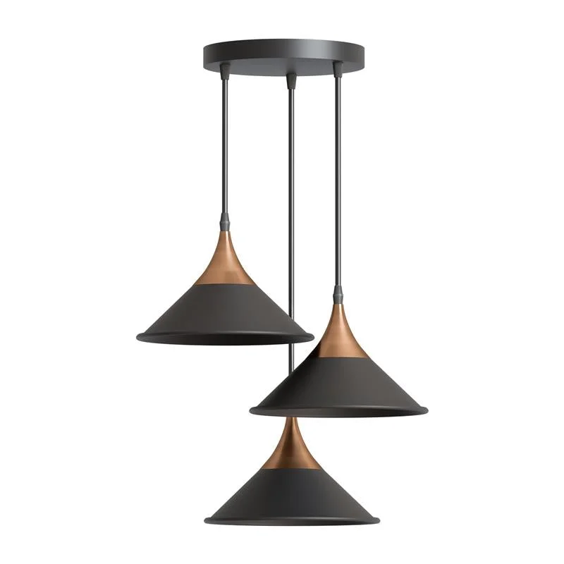 Black vintage style pendant light with three adjustable metal shades in a cluster design, suitable for LED bulbs