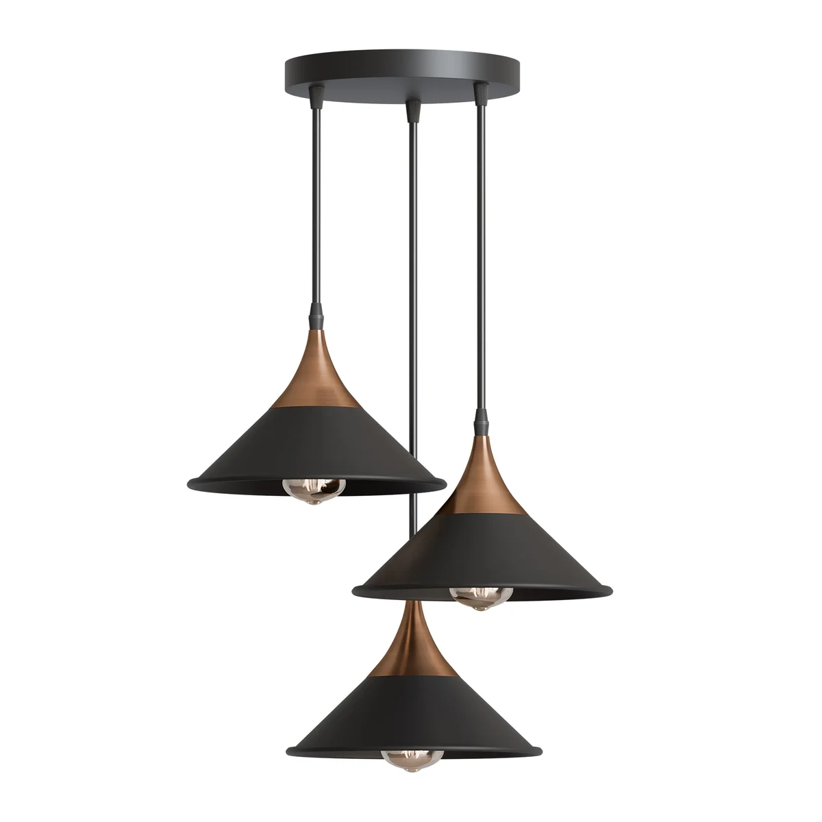Black vintage style 3 way pendant ceiling light with adjustable shades and E27 bulb pendant light sockets