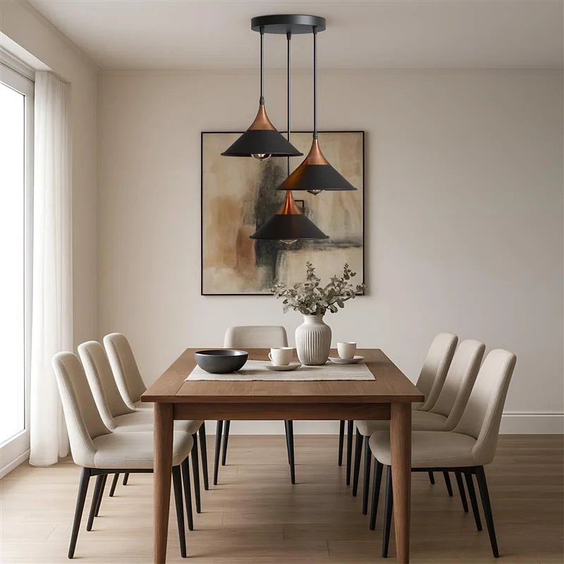 Adjustable cluster black metal ceiling light with three vintage industrial style shades hanging from a single fixture