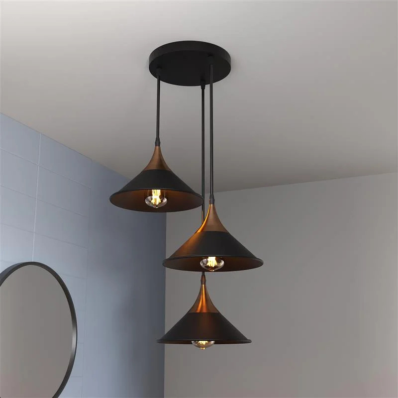 Black vintage 3-way adjustable LED pendant ceiling lamp with metal cluster shades, suitable for dining or office lighting