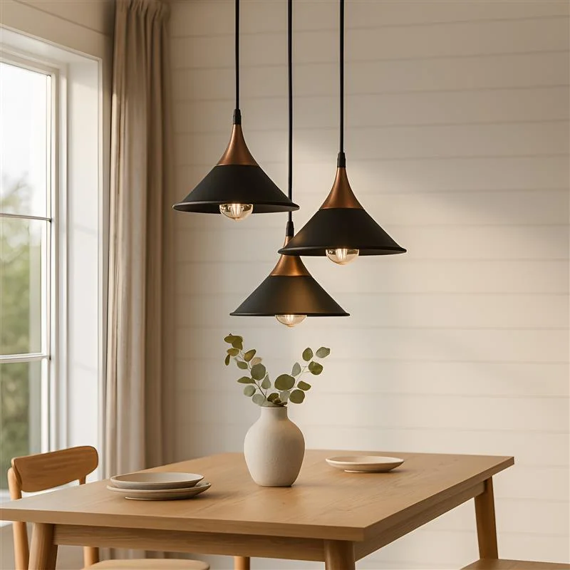 Black vintage style 3 way pendant ceiling light with adjustable cluster metal lamp shades hanging from ceiling