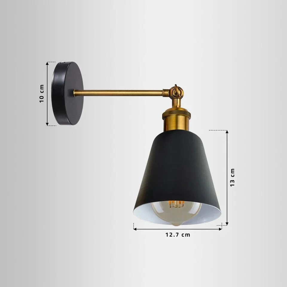 Industrial metal dimmable wall lamp with E27 bulb holder, black finish, wall mounted with vintage style design and mounting hardware
