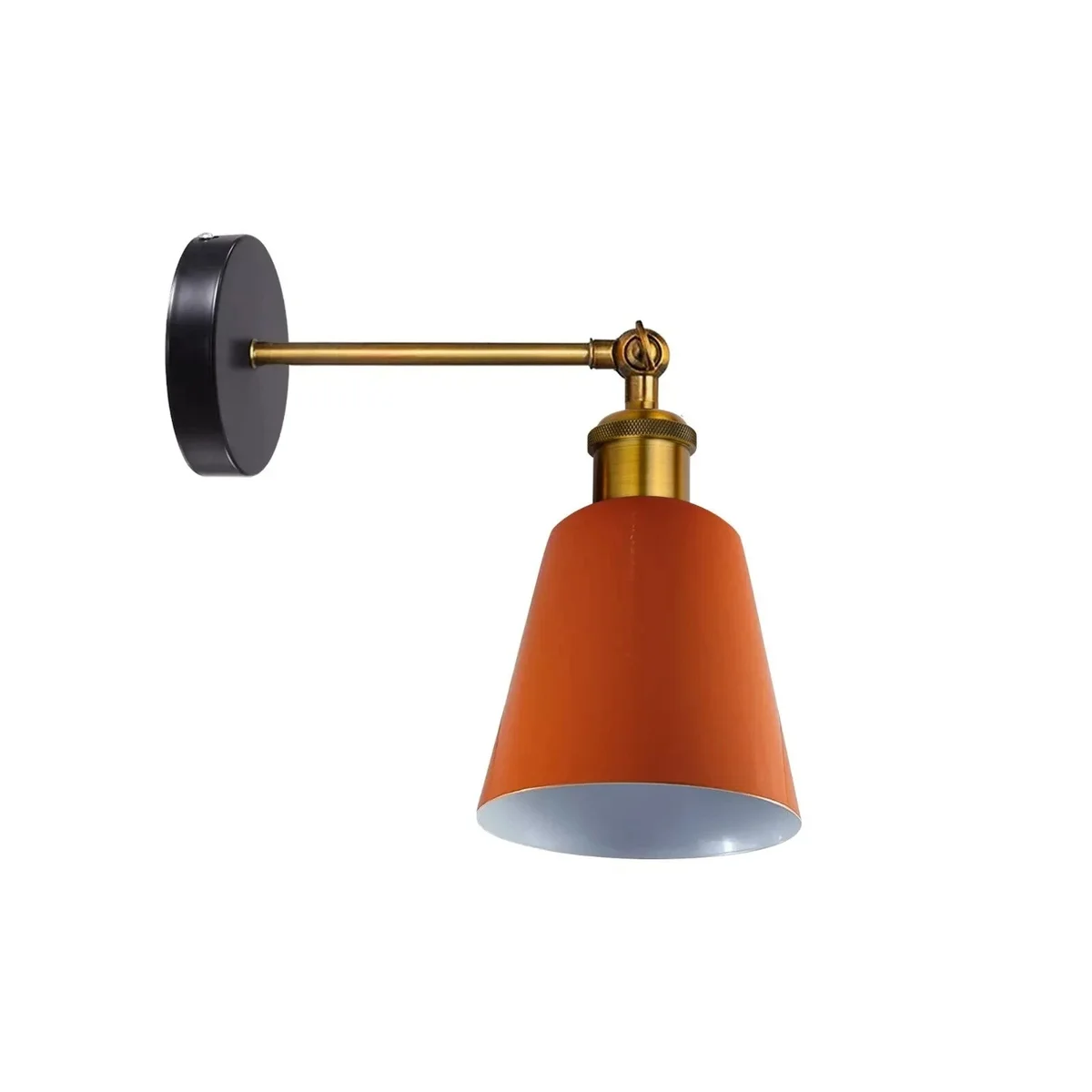 Industrial wall lamp with black metal shade mounted on wall, showcasing vintage rustic design and E27 bulb fitting.