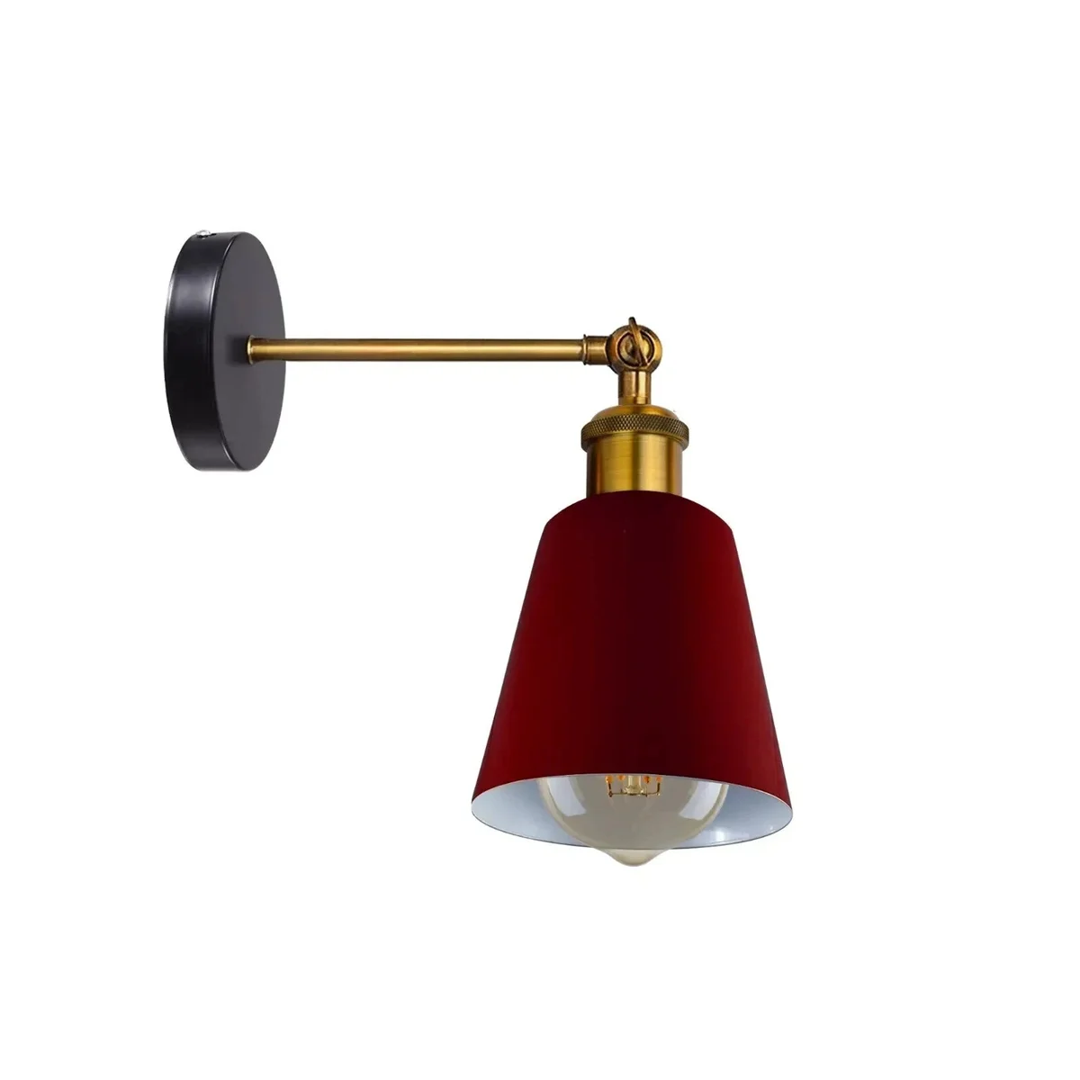 Industrial wall lamp with vintage metal shade in burgundy, mounted on a white wall, showcasing rustic industrial style