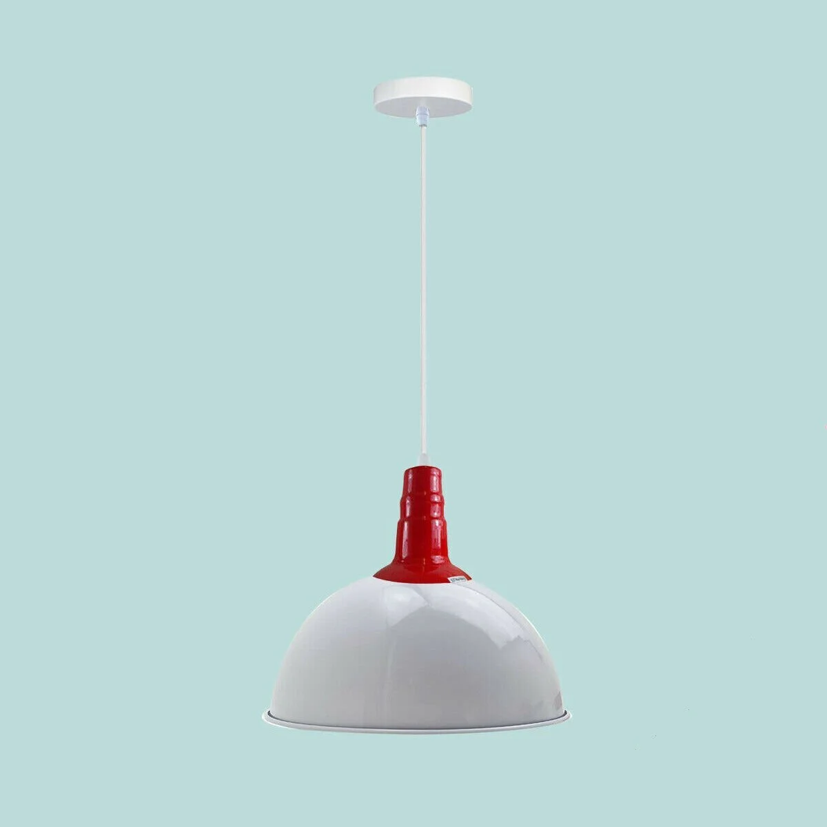 Red vintage industrial ceiling pendant with white interior dome shade and 95cm cable hanging against white background
