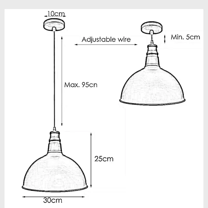 Red vintage industrial metal hanging lamp shade with white interior, E27 base, and 95cm cable hanging from ceiling