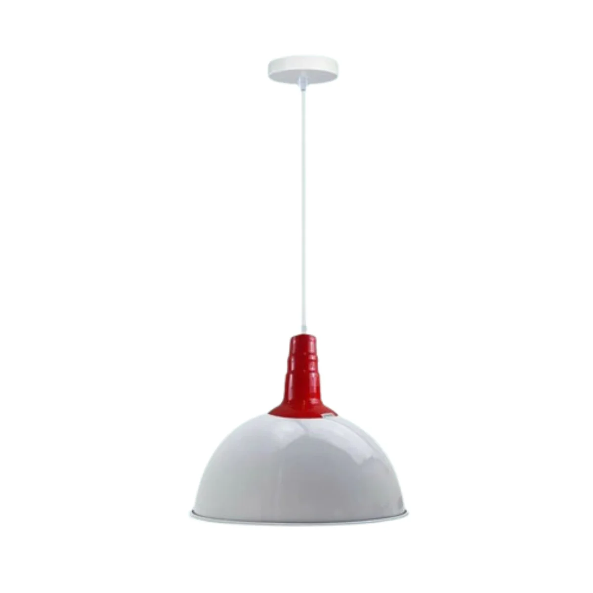 Red metal E27 base pendant light with white interior shade and adjustable ceiling mount against white background