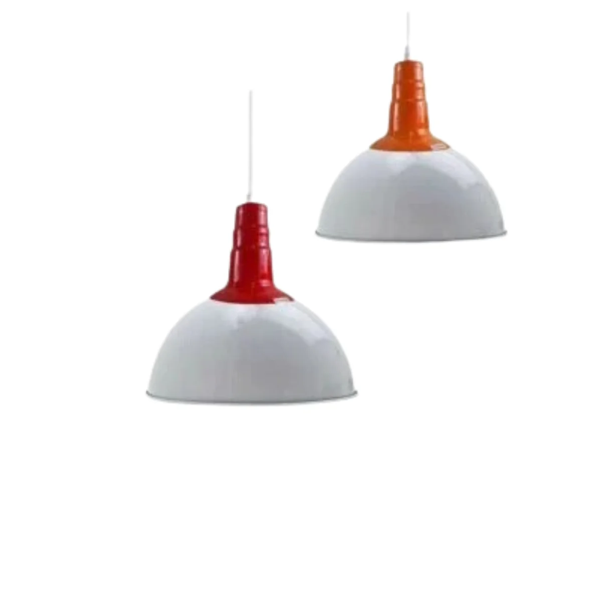 Red ceiling pendant lamp with angled metal shade and white interior, hanging from 95cm cable against white background