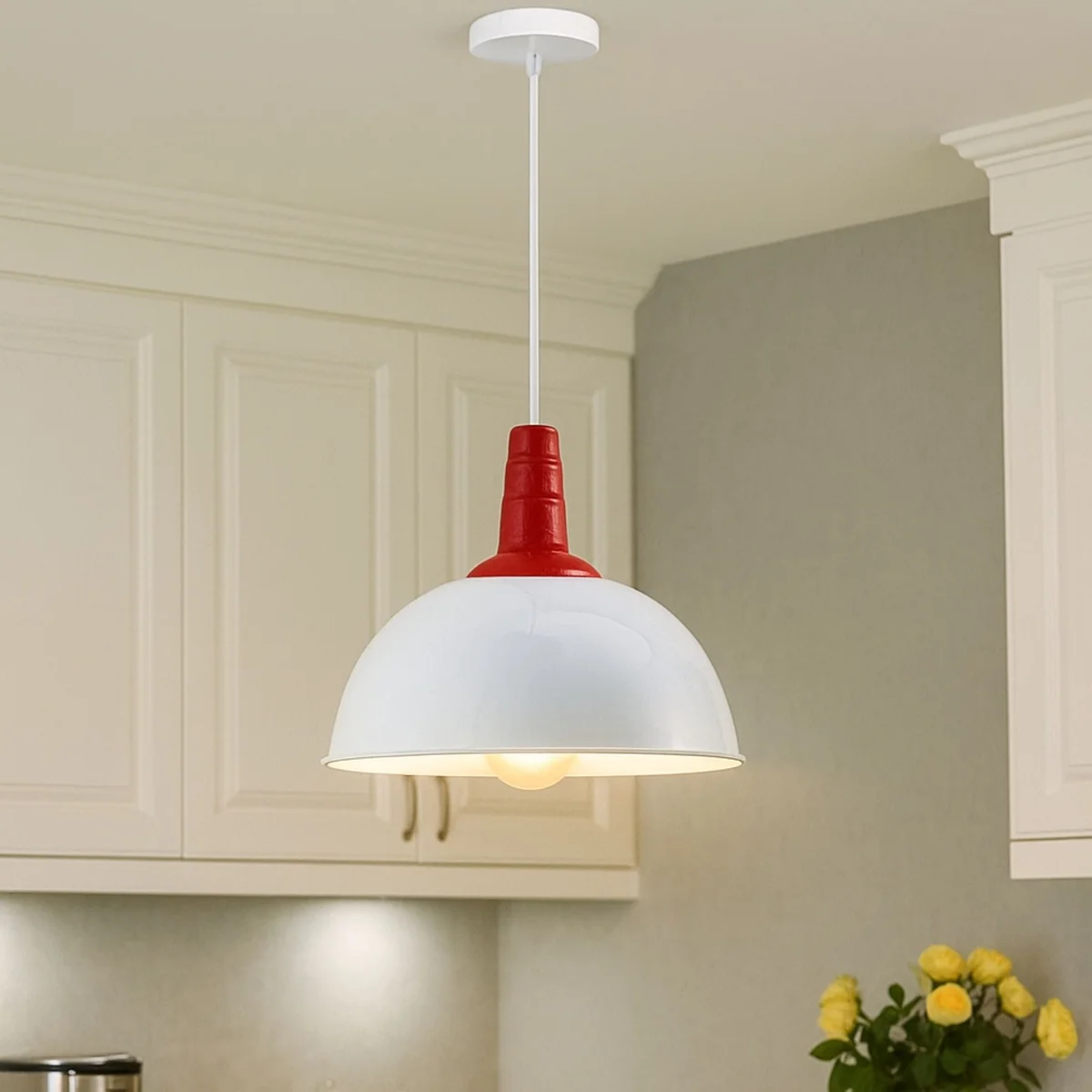 Red modern dome pendant light with white interior, metal shade, and adjustable hanging cable against white background