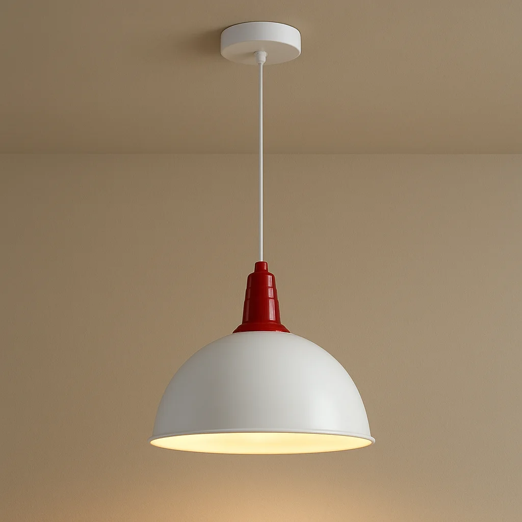 Red metal vintage industrial kitchen island ceiling light with white interior dome shade and 95cm cable hanging from ceiling
