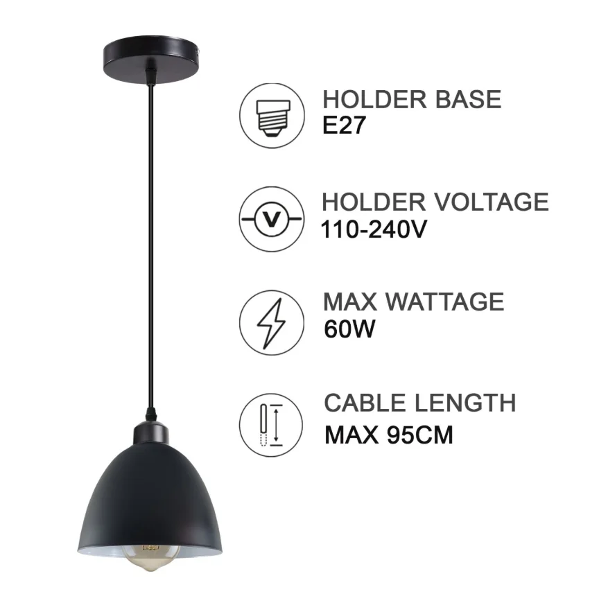 Sleek black pendant light with metal shade and 95cm cord, modern design for dining or kitchen spaces