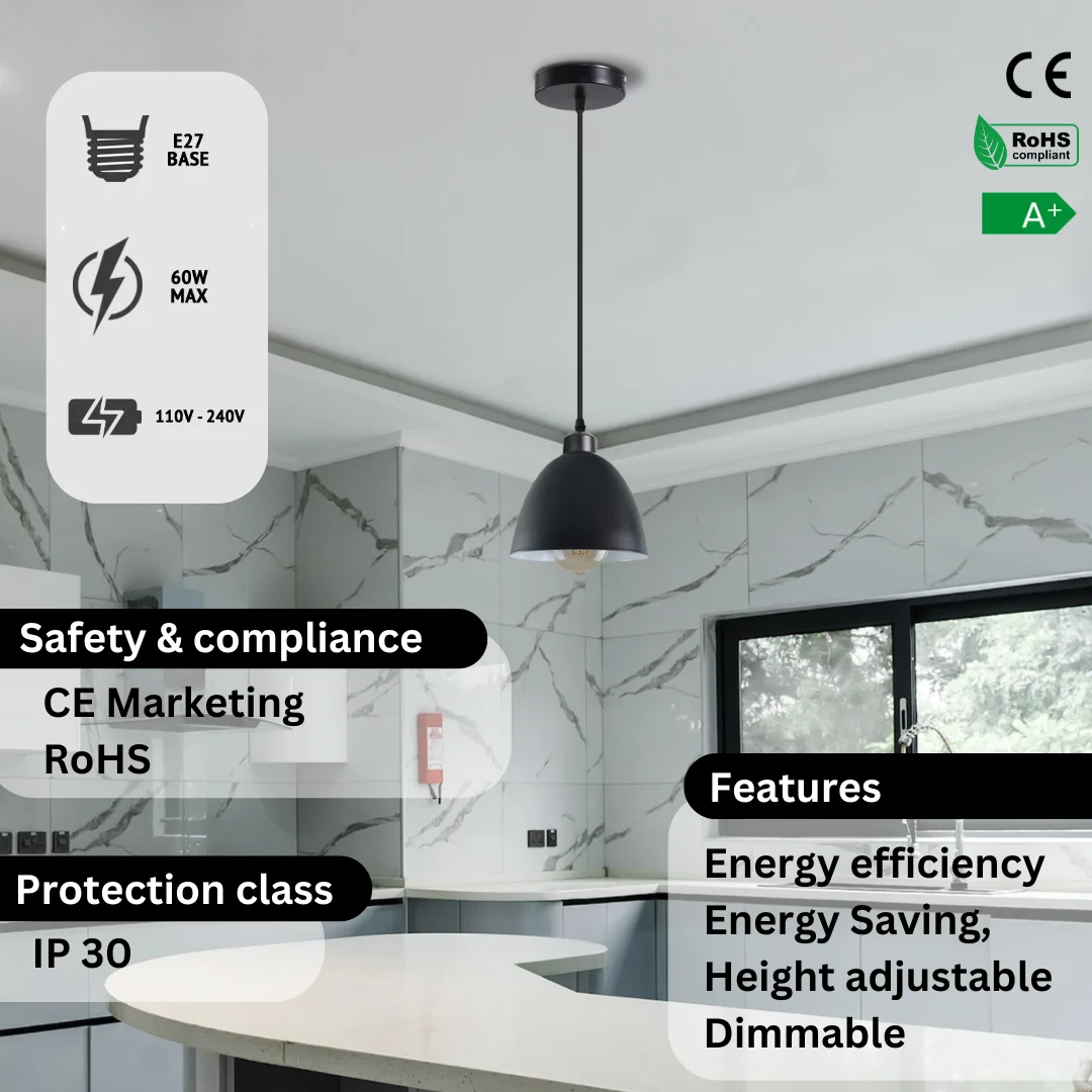 Modern metal pendant lamp in black with adjustable cord and E27 base, ideal for dining or kitchen lighting