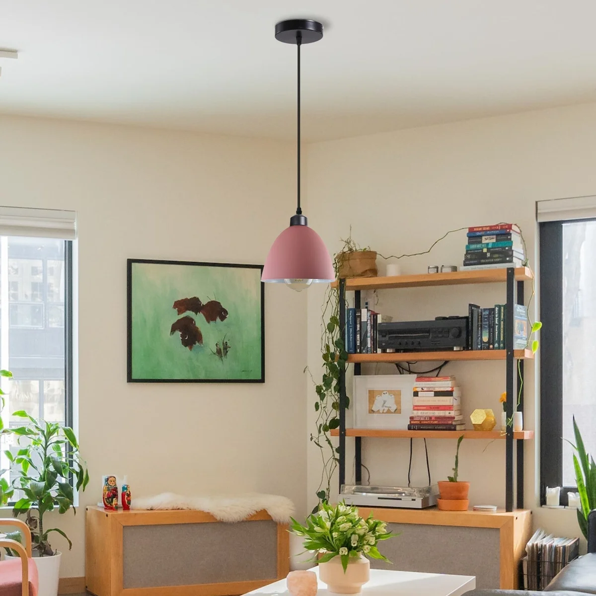 Modern black metal adjustable height pendant light with E27 base, minimalist design, and 95cm PVC cable hanging from ceiling