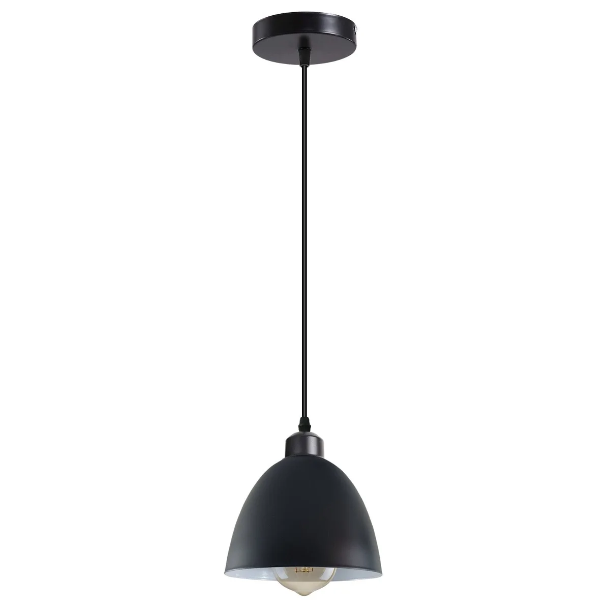 Modern black metal E27 pendant light with adjustable cord and minimalist design, suitable for various interiors