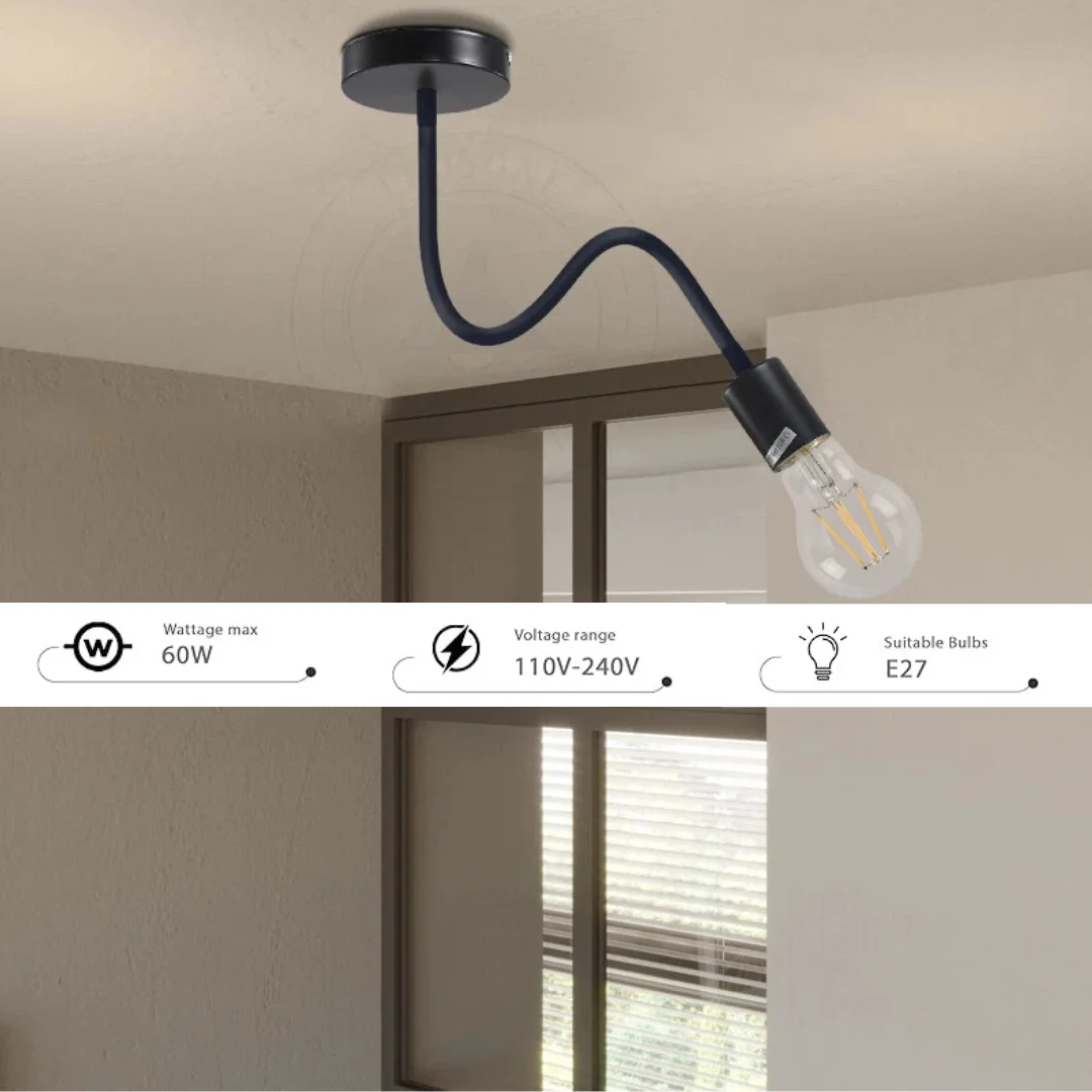 Two vintage flexible black white ceiling light E27 bulb socket holders made of metal shown on white background