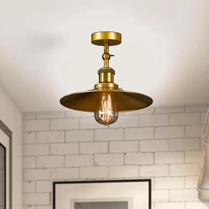 Yellow brass vintage semi flush mount lighting with curvy metal shade, 22cm wide and 19cm high, no bulb included