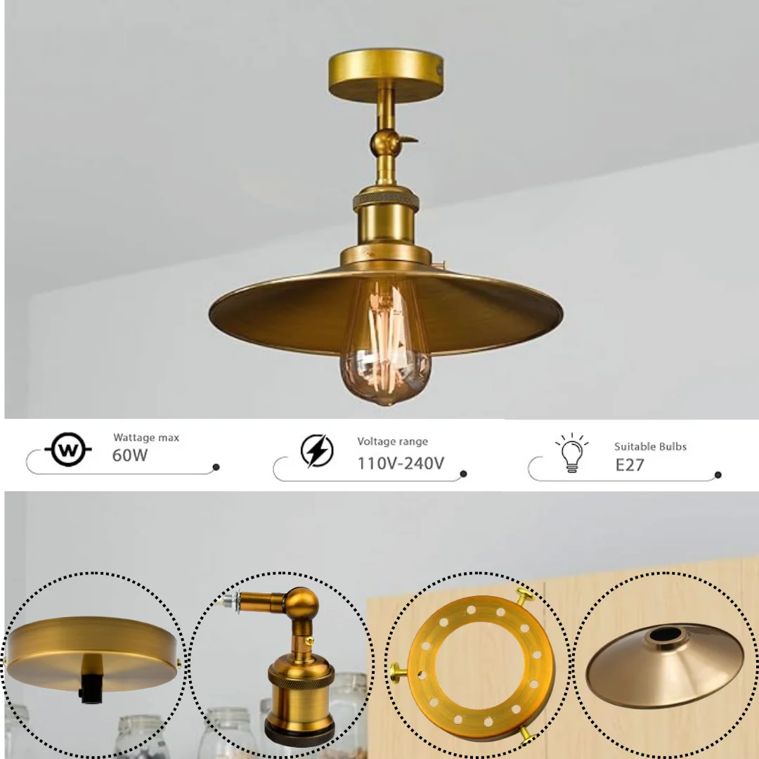 Yellow brass semi flush mount E27 bulb ceiling light with curvy metal shade and adjustable arm on white background