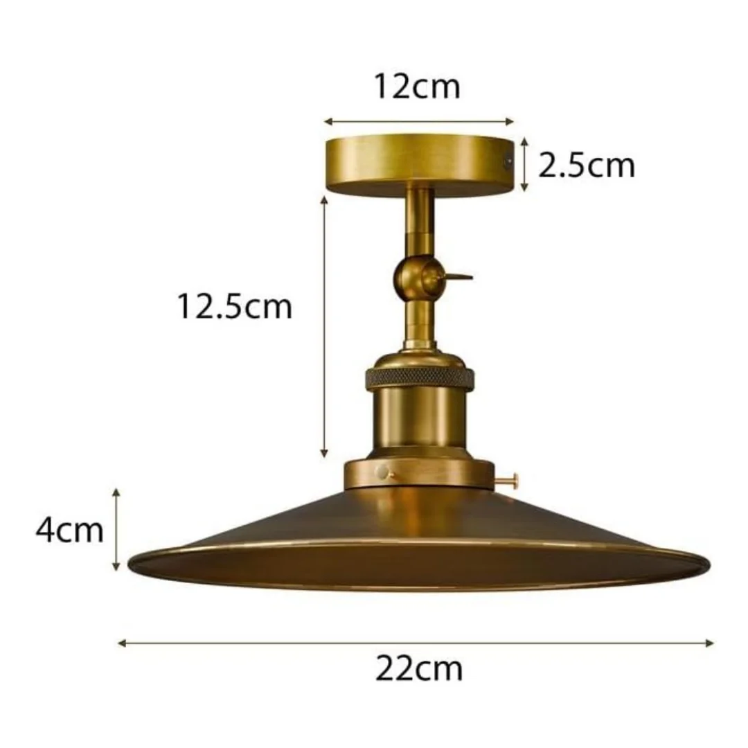 Yellow brass metal ceiling lamp with curvy shade and adjustable arm, semi flush mount design for low ceilings