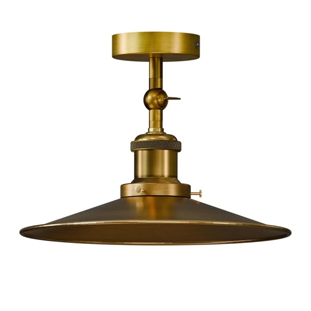 Yellow brass adjustable arm ceiling light with curved metal shade, semi flush mount design, suitable for E27 bulbs